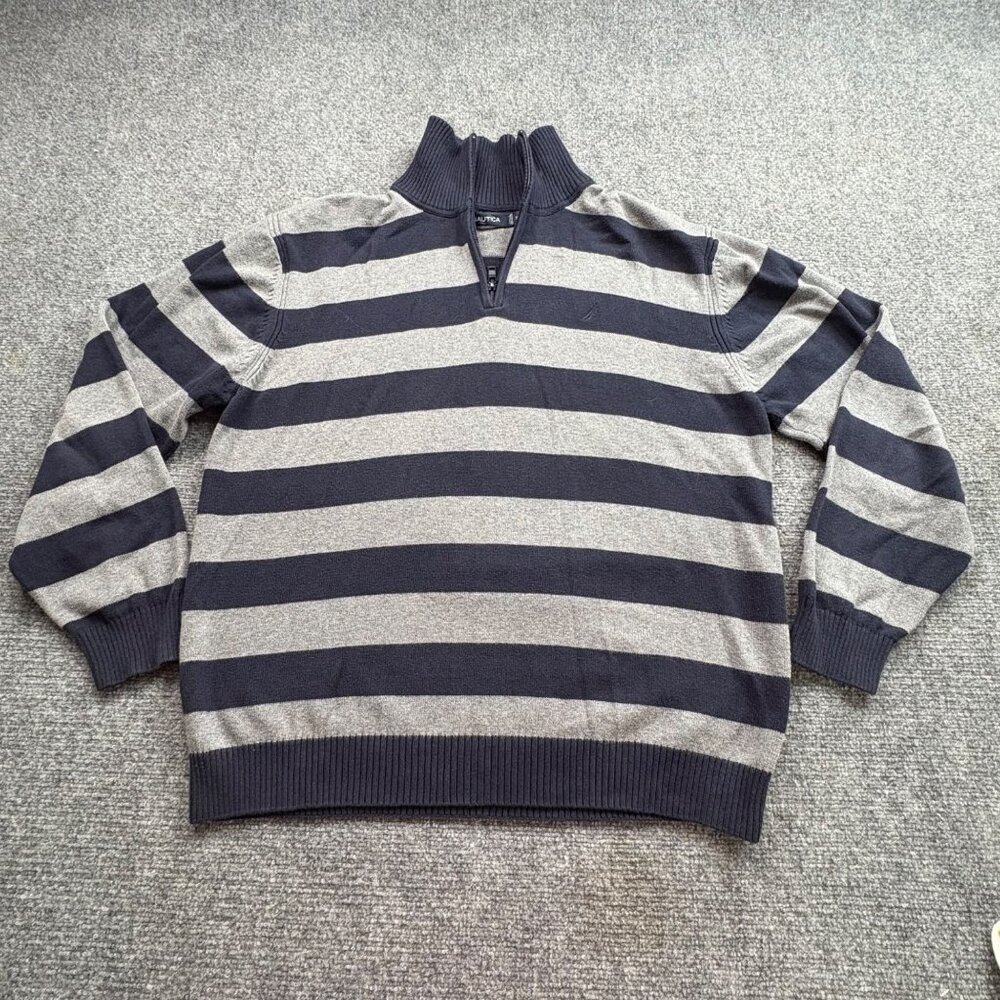 Nautica Sweater Men's XL Gray Navy Striped Quarter Zip Preppy Dad Nautical Work‎